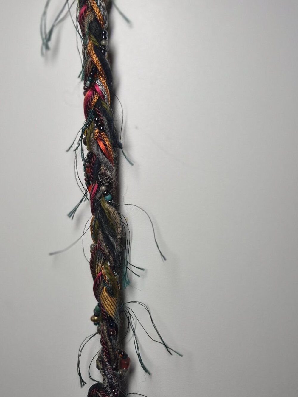 Handmade Boho Hair Wrap featuring Vibrant Yarn, Textured Fibers, Beads, Ribbons - Picture 7 of 9